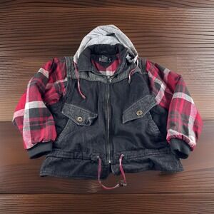 Hot Spices Jacket Mens M Convertible Plaid Sleeves Hooded Zip Up Coat Biker READ